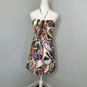 NWOT Alexia Ardmor XS White Silk Floral Print Halter mini Dress with bow